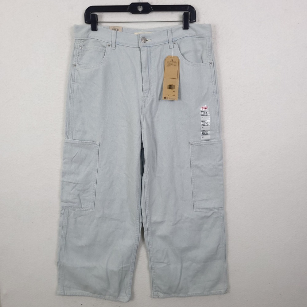 Levis Cargo Jeans Womens 32 High Waisted Wide Leg Cropped Light Blue Y2K Baggy
